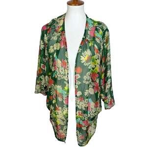 Tulle Sheer Chiffon Tropical Floral Kimono Cover Up Size L